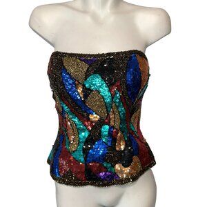 Vtg 80s Black Tie He-Ro Colorful Sequin Bustier Strapless Top Size Medium Silk